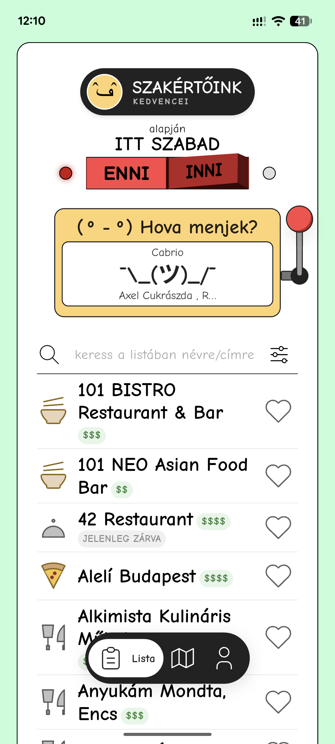ittszabad főképernyő — éttermi lista